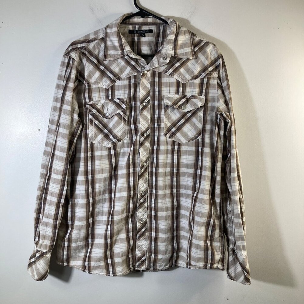 Mens Carbon Black Plaid‎ Pearl Snap Western Shirt Brown White L Cotton Flaw